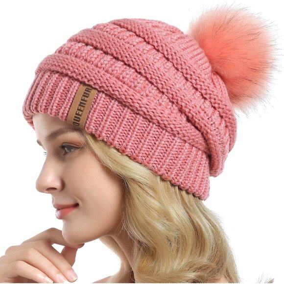 Women Single Pink Soft Acrylic Thick Baggy Knit Winter Faux Fur Pompom Beanie - Picture 1 of 6